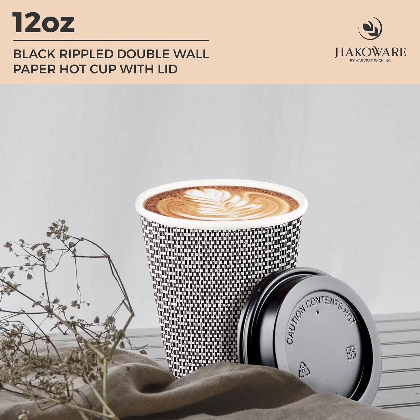 [400 SET]Harvest Pack 12 oz Disposable Coffee Cups, Insulated Ripple Double-Walled Paper Cup with Lid, Black and White Geometric, Tea Hot Chocolate Drinks To go coffee cups