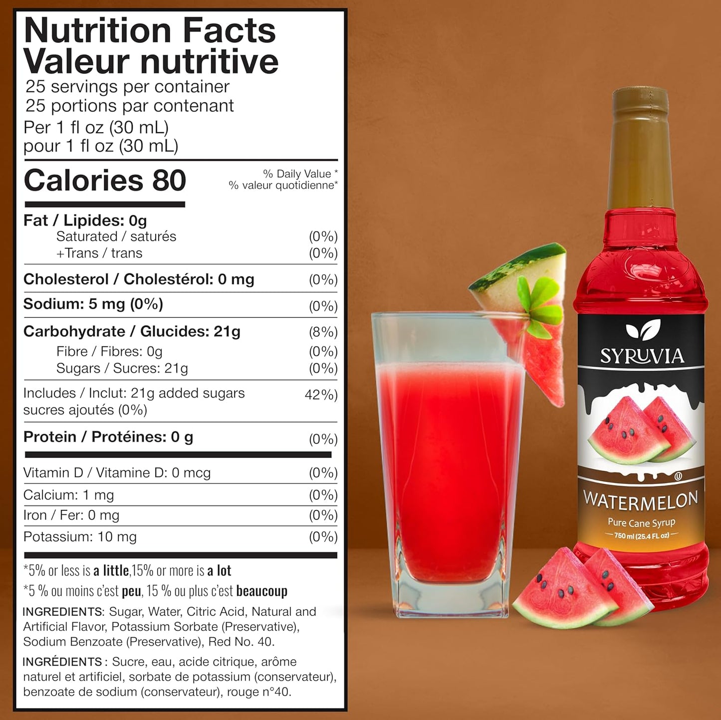 Syruvia Watermelon Syrup (25.4 fl oz) - Refreshing Watermelon Flavor in Every Drop – Kosher, Gluten-Free, Perfect for Elevating Your Culinary and Beverage Adventures