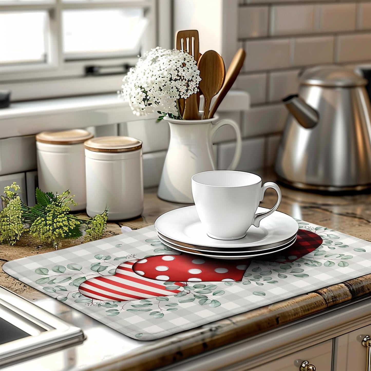 Valentines Day Dish Drying Mat Valentine Buffalo Plaid Eucalyptus Hearts Dishes Dryer Pad for Kitchen Countertops Microfiber 18x24 Inches