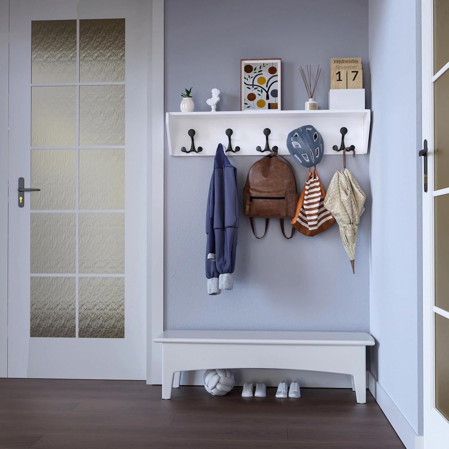 SKOLOO Wall Shelf with Hooks, 24-Inch White Coat Rack Wall Mount with Shelf Organizer - Lightweight & Sturdy, 5 Tri Hooks - Perfect for Entryway, Hallway, Living Room, Bedroom, Mudroom