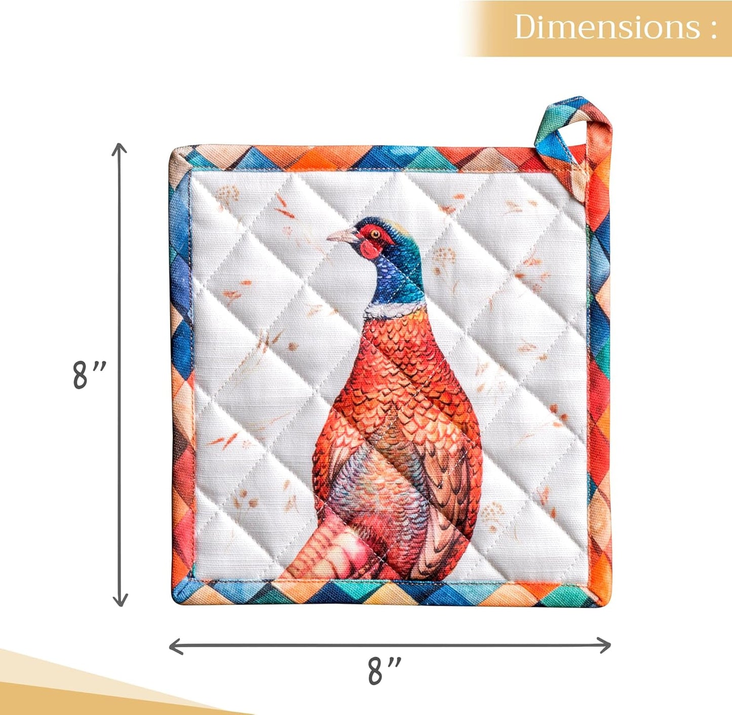 Maison d' Hermine Pot Holders 100% Cotton Heat Resistant Potholders 8" x 8" Hot Pads with Loop BBQ, Cooking, Baking, Grilling, Kitchen, Handling Hot Pans (Pack of 1, Faisan D'Automne)
