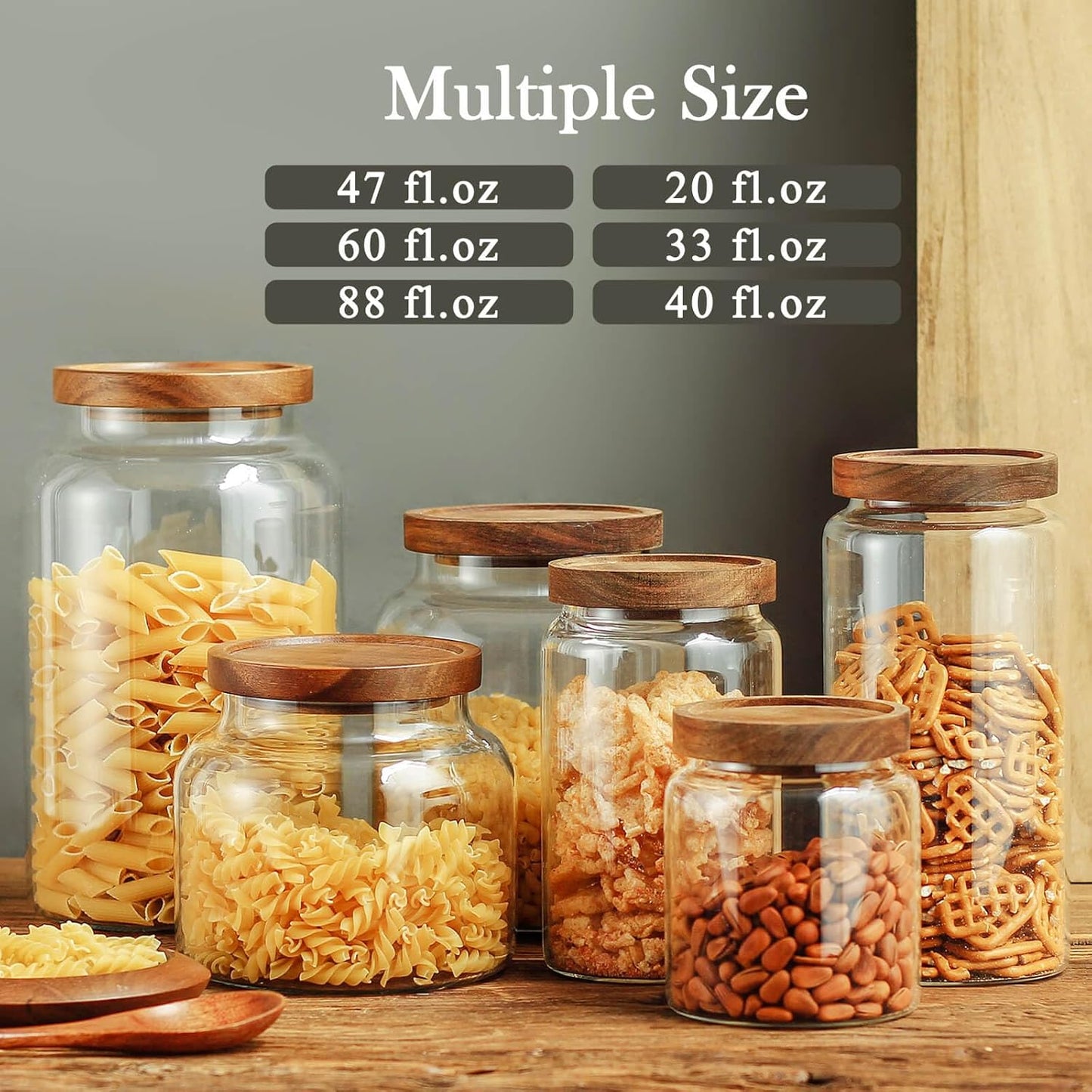 Labina Glass Storage Container Airtight Food Jars Kitchen Canister with Wood Lids, 47 Oz Wide Mouth Pantry Organization Glass Jar for Flour, Sugar, Cookie, Spagetti, Nuts and Candy (2 Pack)