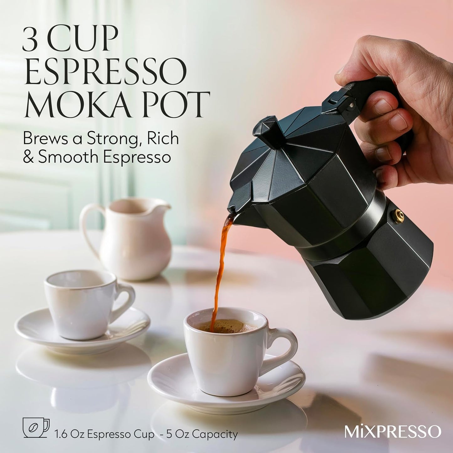 Mixpresso Black 3 Cup Moka Pot Cuban Coffee Maker, Moka Pot for Gas, Electric Stove Top, Classic Italian Coffee Maker, Stovetop Espresso Maker, Camping Pot Makes 3 Espresso Cup 5 Oz