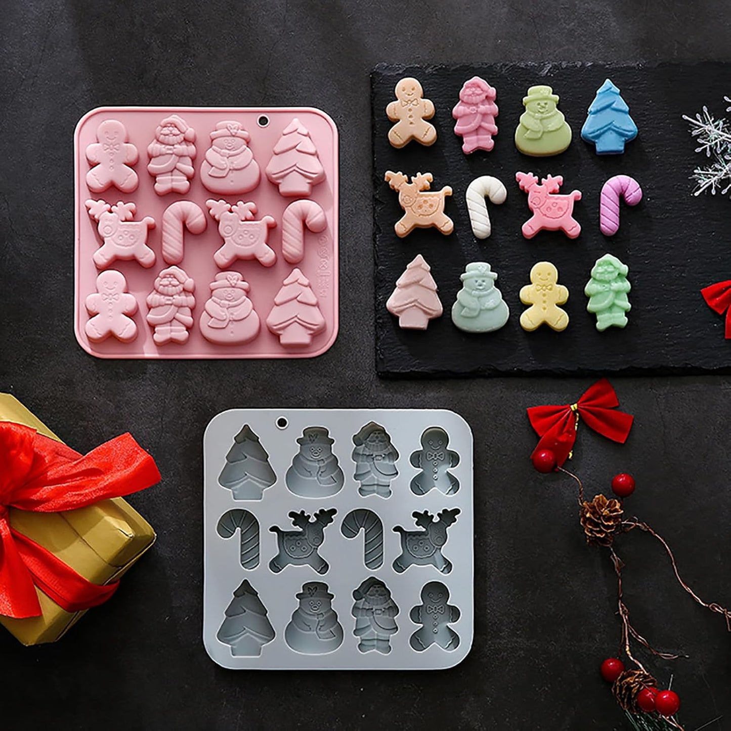 Christmas Silicone Chocolate Molds, 2Pcs Baking Molds Santa Claus Snowman Gingerbread Man Tree Walking Stick Elk 6 Shapes for Jelly Candy Ice Cube Fudge Resin