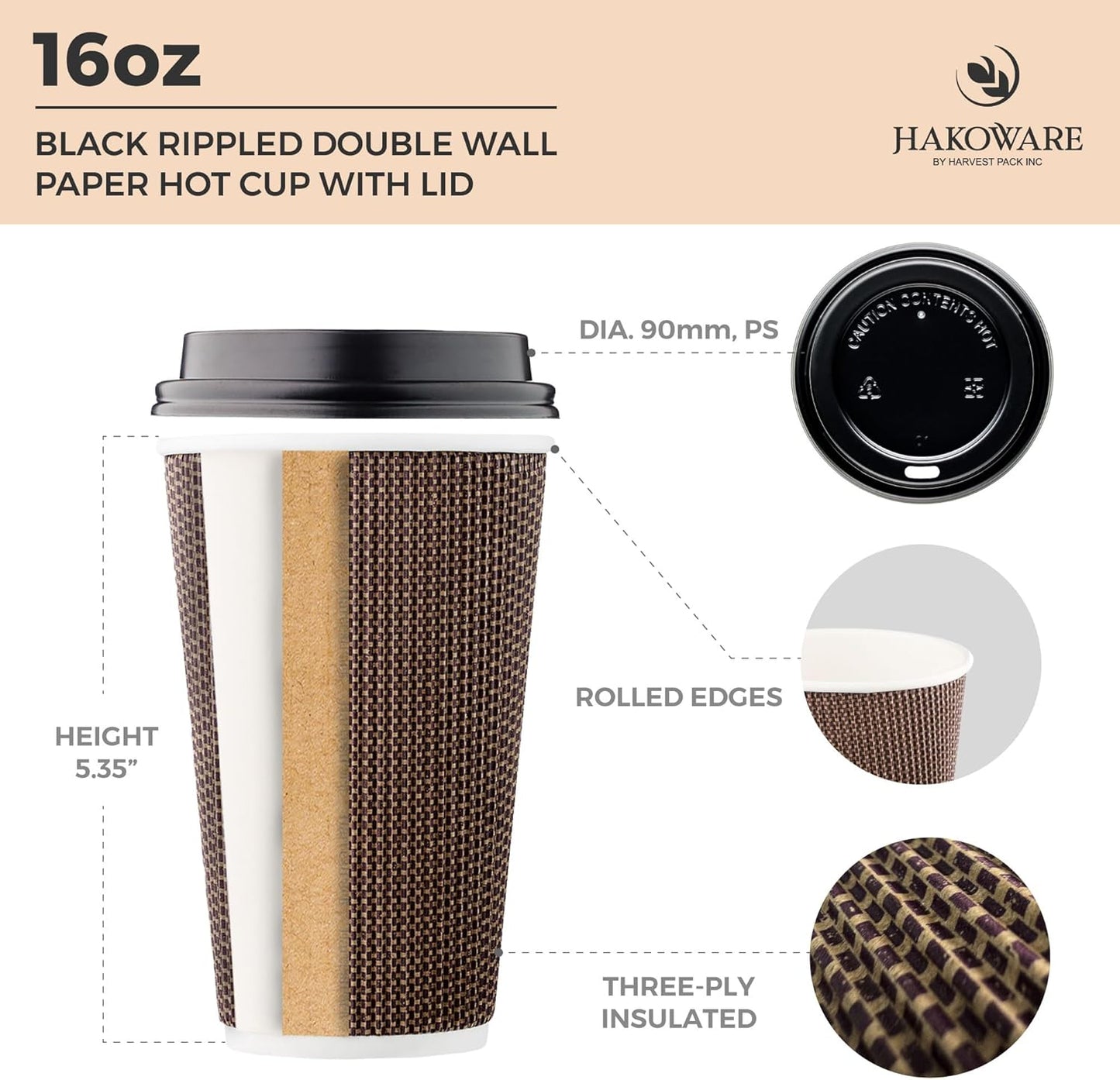 [340 SET]Harvest Pack 16 oz Disposable Coffee Cups, Insulated Ripple Double-Walled Paper Cups with Lids, Brown Geometric, Bulk Drinking Cups for Tea Hot Chocolate Drinks To go coffee cups