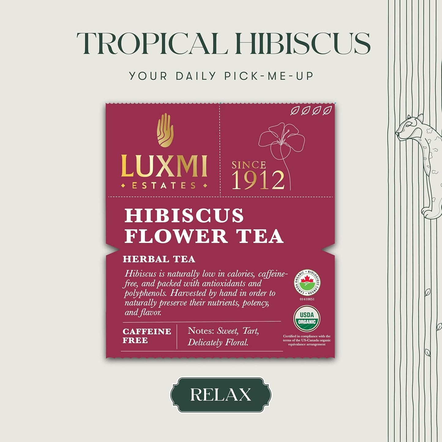 Luxmi Estates - Pure Hibiscus Herbal - Organic Hibiscus Tea - Loose Leaf - 250g (125 cups) | With Organic Hibiscus Flowers | Single Ingredient | Helps with Blood Pressure and Imrpove Heart Health