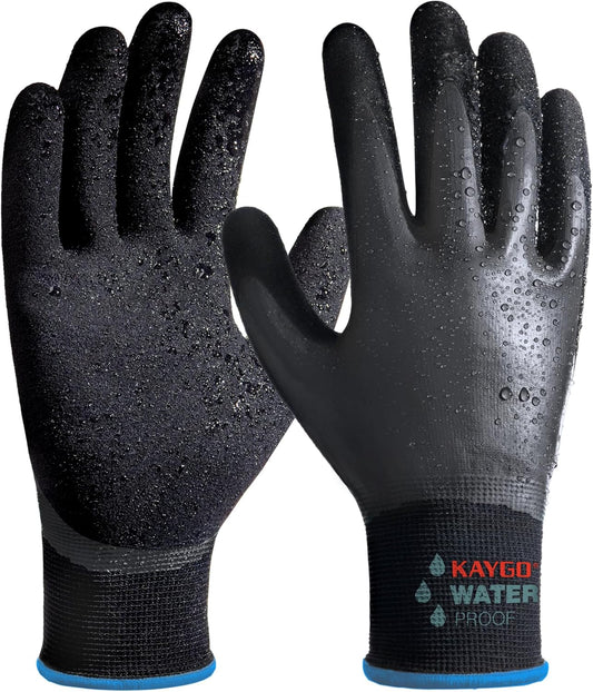 KAYGO Waterproof Work Gloves for Men and Women, Rubber Coated Non-slip Working Gloves for Garden, Outdoor Construction,3 pairs,Black,M
