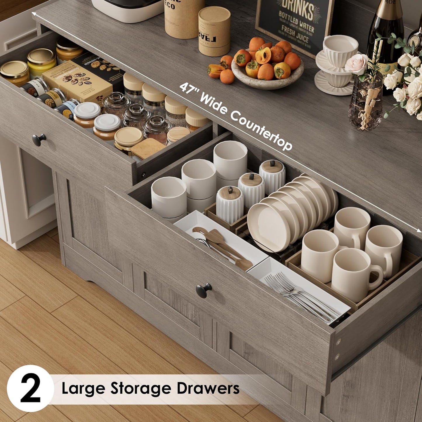 HIFIT 71" LED Kitchen Pantry Cabinet with Power Outlet, Large Kitchen Hutch Storage Cabinet with Arched Door, Shelves, 2 Drawer, Tall Farmhouse Coffee Bar w/Hutch for Home Dining Living Room, Ash Grey