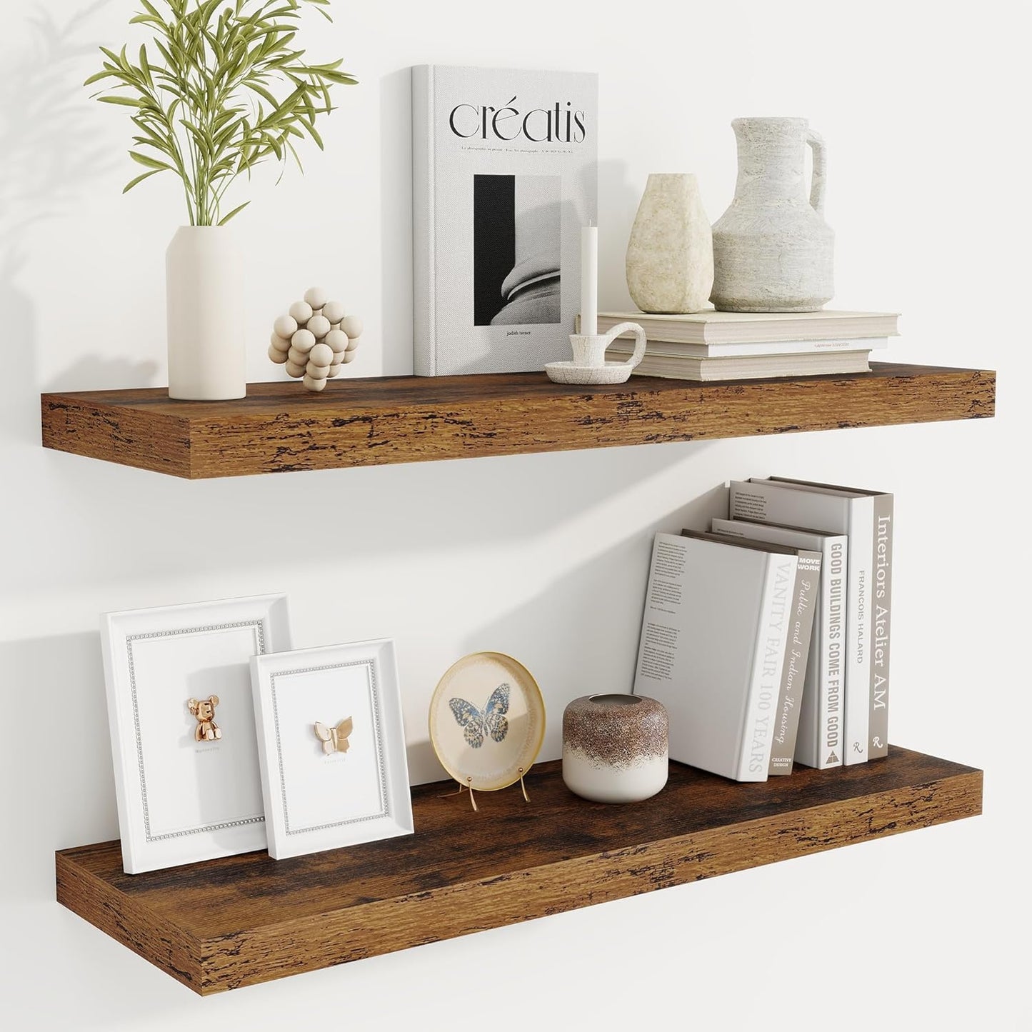 Fun Memories Floating Shelves for Wall, 30 Inch Rustic Wood Wall Mounted Shelves for Bathroom, Bedroom, Kitchen, Living Room, Deep Floating Shelves for Storage & Home Decor (Brown,Set of 2)