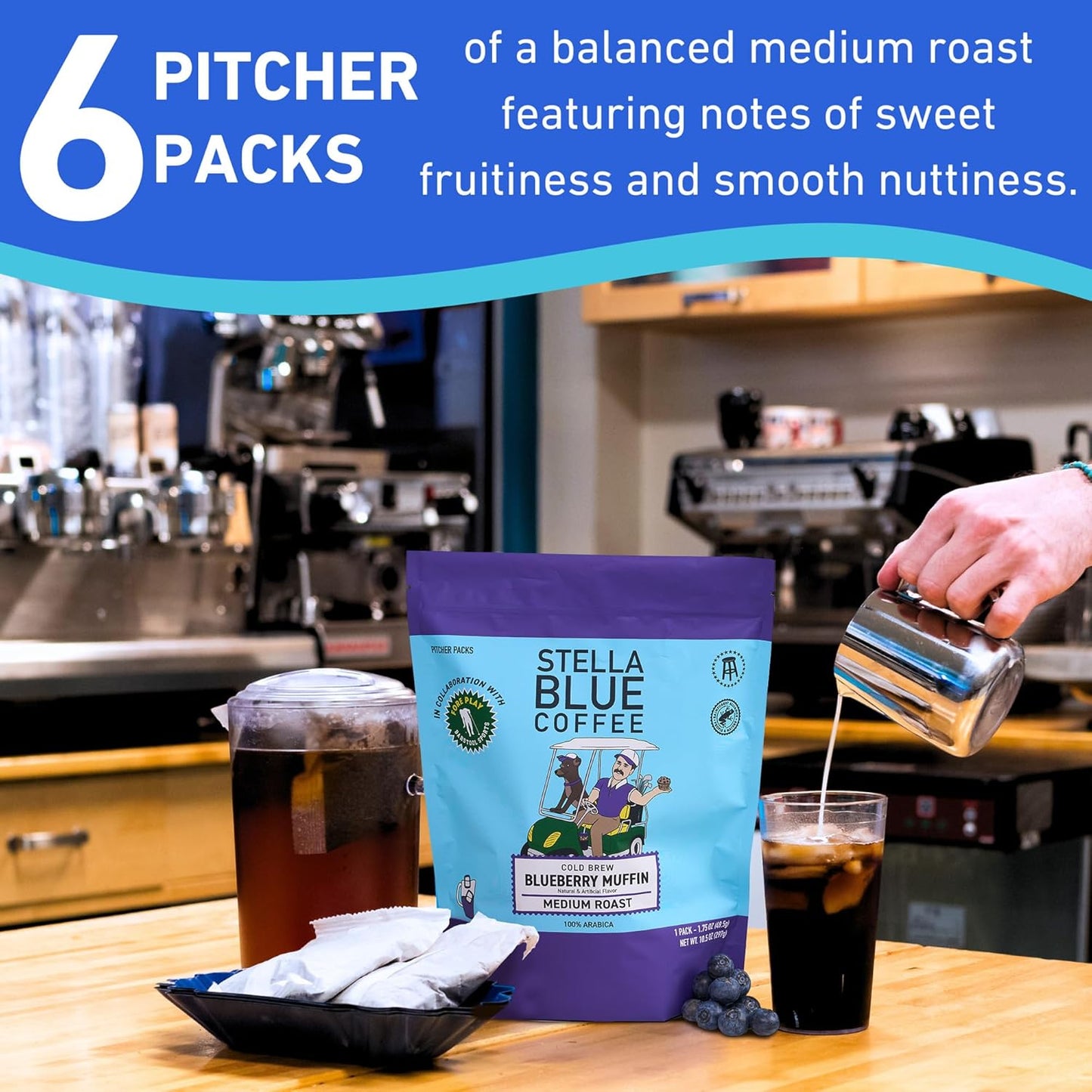 STELLA BLUE Fresh Cold Brew Coffee | Blueberry Muffin | 100% Arabica Medium Roast | Notes of Blueberry Cinnamon and Brown Sugar | Cold Brew Packets | Makes 24 Pods | 6 Easy Cold Brew Pouches