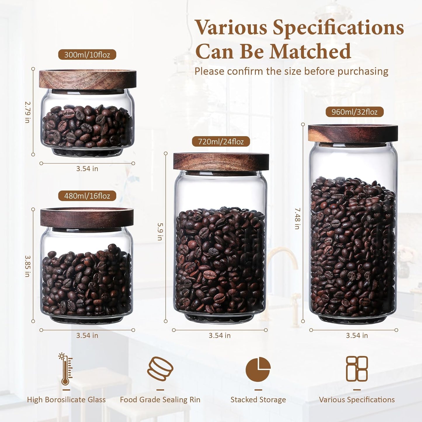 960ML/32Oz Clear Cute Glass Storage Canister Holder with Stackable Airtight Wood Lid, Modern Decorative Container Jar for Coffee, Spice, Candy, Salt, Cookie, Condiment, Pepper, Sugar