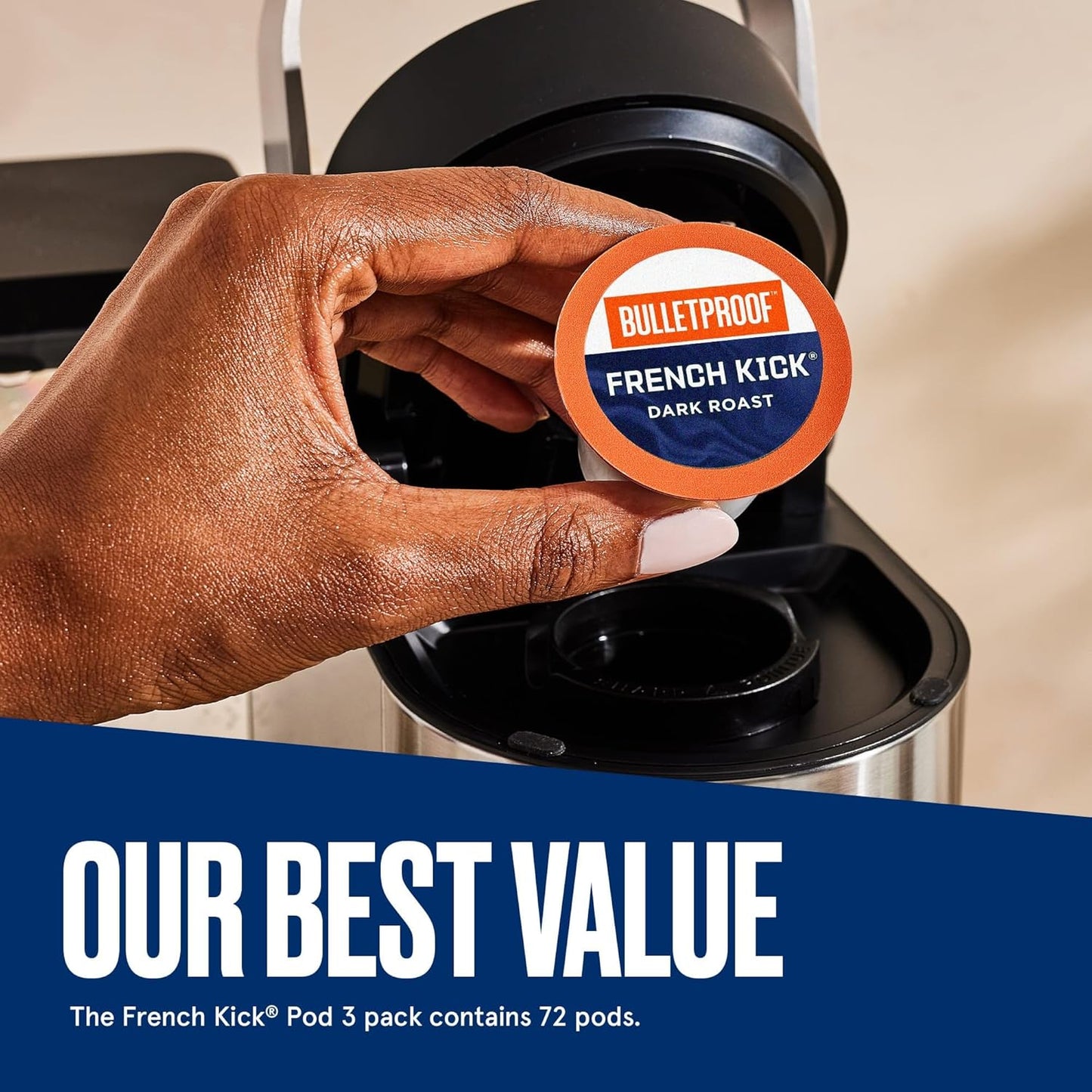 Bulletproof French Kick Dark Roast Single Serve Pods, 72 Count, 100% Arabica Coffee, Clean Coffee Tested for Toxins, Packaging May Vary