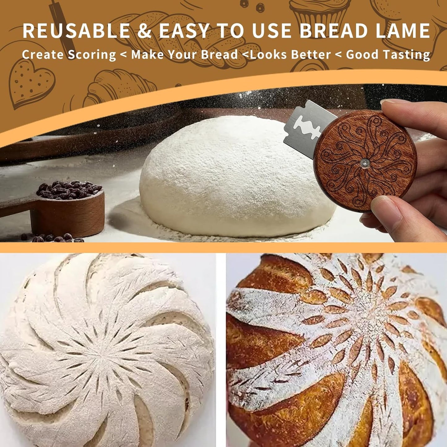 Bread Lame Sourdough Scoring Tool,Wooden Lame Bread Scoring Tool with 5 Razor Blades and Leather Storage Cover,UFO Bread Lame Dough Scoring Tool for Bread Baking