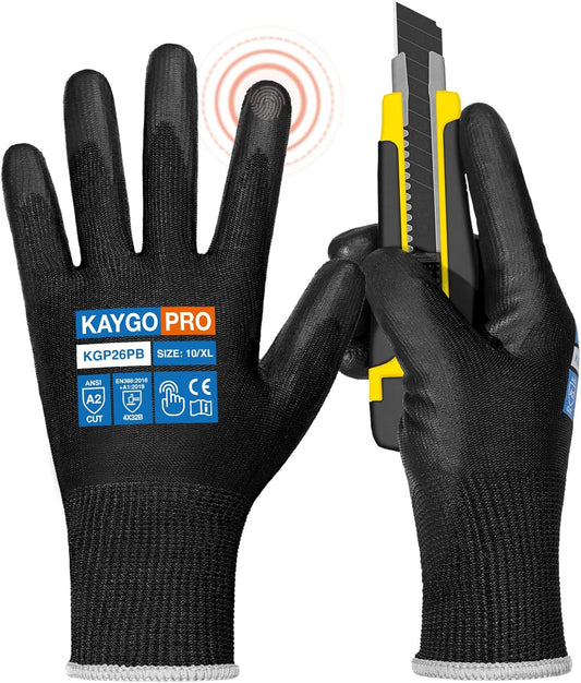KAYGO Cut Resistant Gloves PU Coated, 12 Pairs Safety Work Gloves with full fingers Touchscreen, ANSI Cut Level A2, for Men and Women, Ideal for General Duty Work KG11P, Black,XL