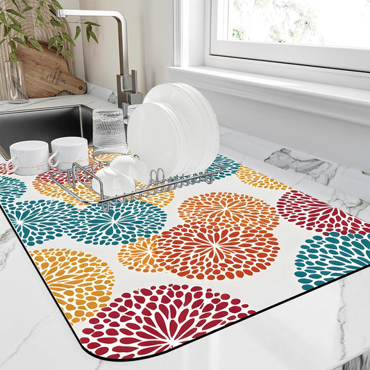 Abstract Floral Elements Dish Drying Mat Artifical Floral Kitchen Mat 16"x24" Bsorbent Coffee Maker Mat for Dishes,Utensils Coffee Maker Pots and Pans Easy Clean Dish Slip Resistant Pad