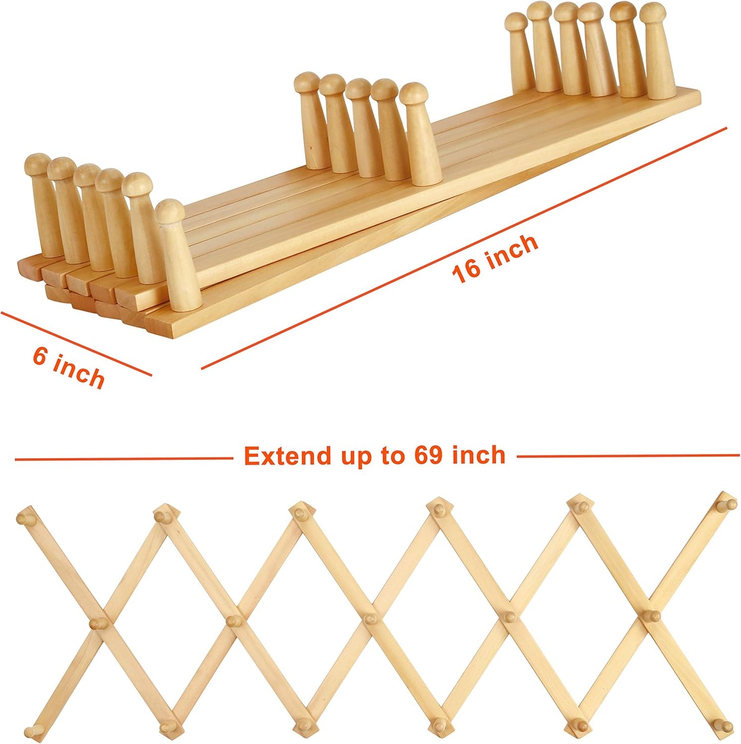 Dseap Accordian Wall Hanger: 16” High Wooden Wall Expandable Coat Rack, Hat Rack Holder, Accordion Hook for Baseball Caps, Coats, Mugs, 17 Peg Hooks, Natural