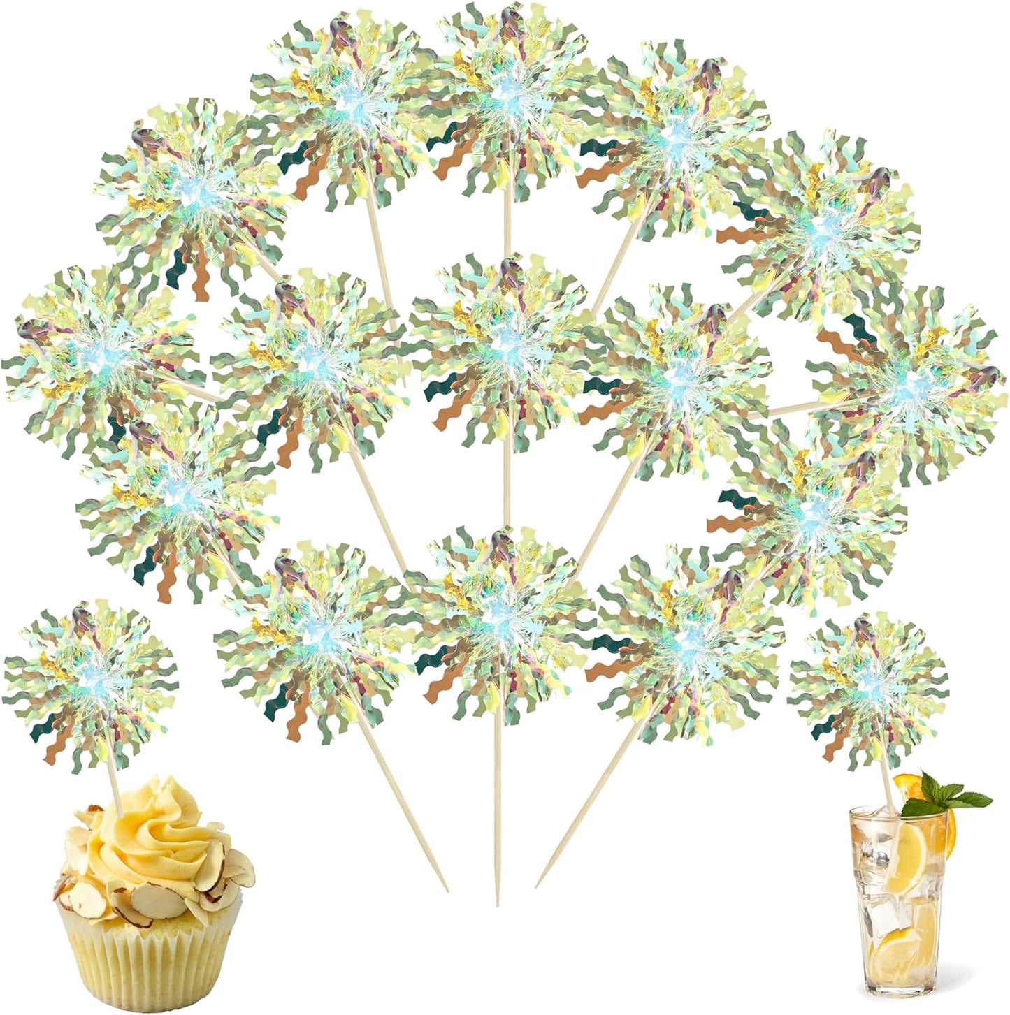 Ephlyn 30Pcs Foil Firework Cupcake Toppers Sparkle Tinsel Cupcake Picks Firework Cake Decorations Cocktail Food Fruit Toothpicks for Baby Shower Graduation Party Supplies White