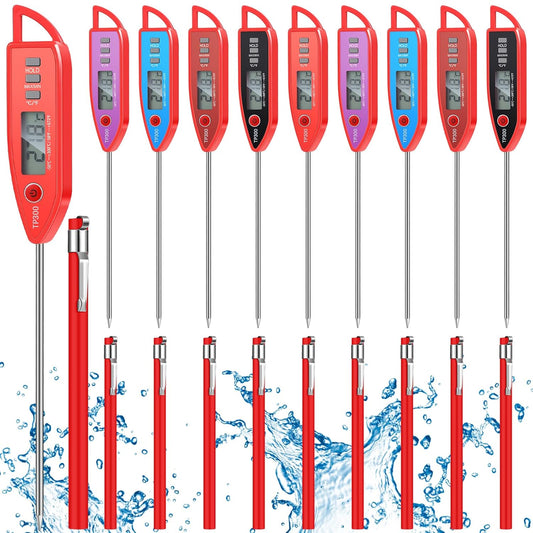 10 Set Waterproof Food Thermometer for Water, Liquid, Candle and Cooking Digital Meat Thermometer with Long Probe Instant Read for Kitchen BBQ Grill Candy (Red)