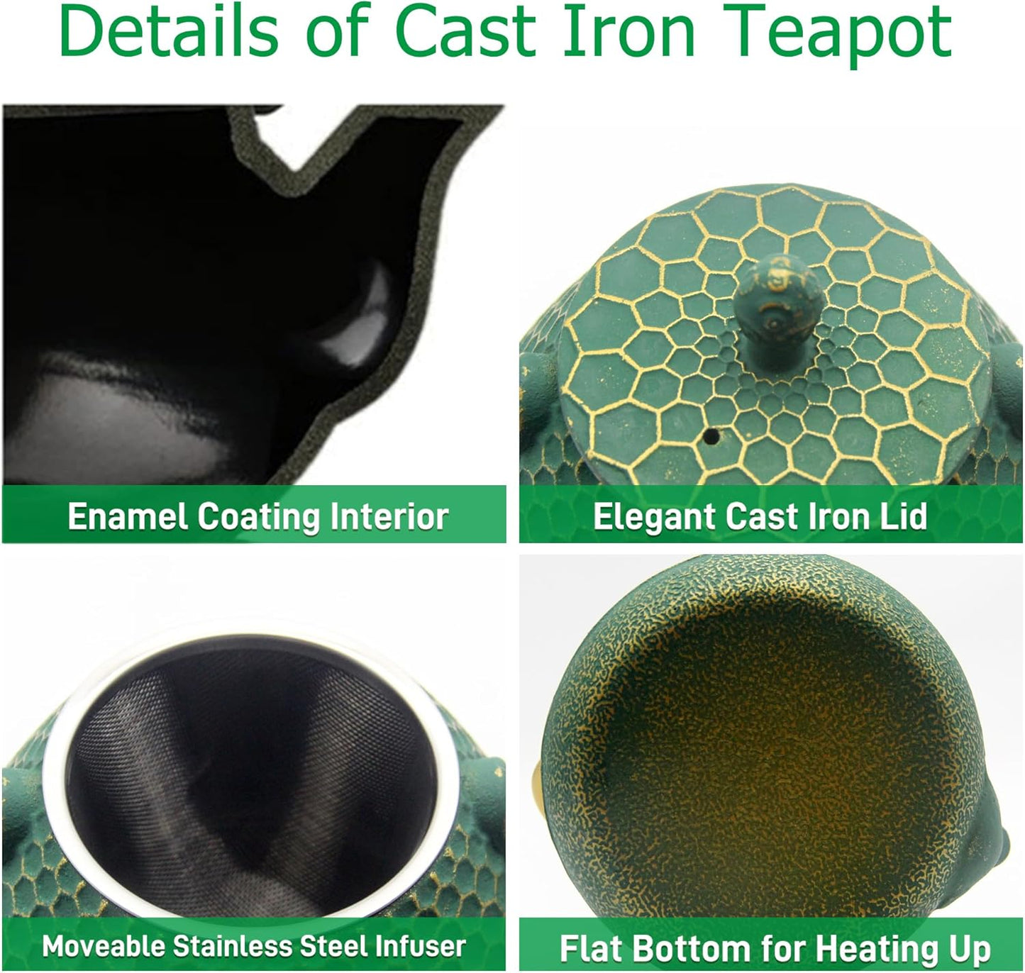 Cast Iron Tea Kettle, Japanese Tetsubin Teapot Coated with Enameled Interior, Durable Cast Iron Teapot with Stainless Steel Infuser for Stovetop Safe(1000ml/34oz)