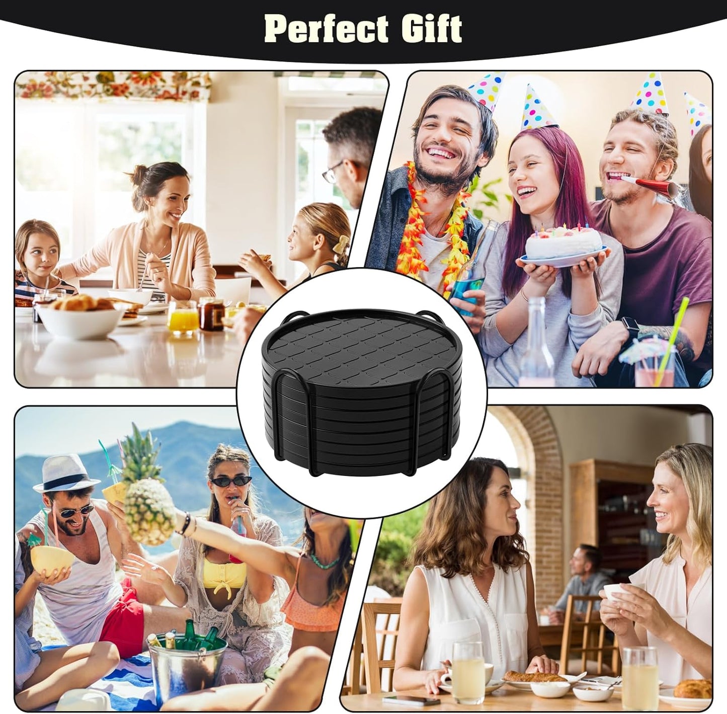 Coasters Set of 8,Hot or Cold Drink Coasters with Holder,Modern Style Coffee Table Coaster,Suitable for Kinds Cups Beer,Drink,Anti-Overflow Tabletop Protection(Black, 8pcs)