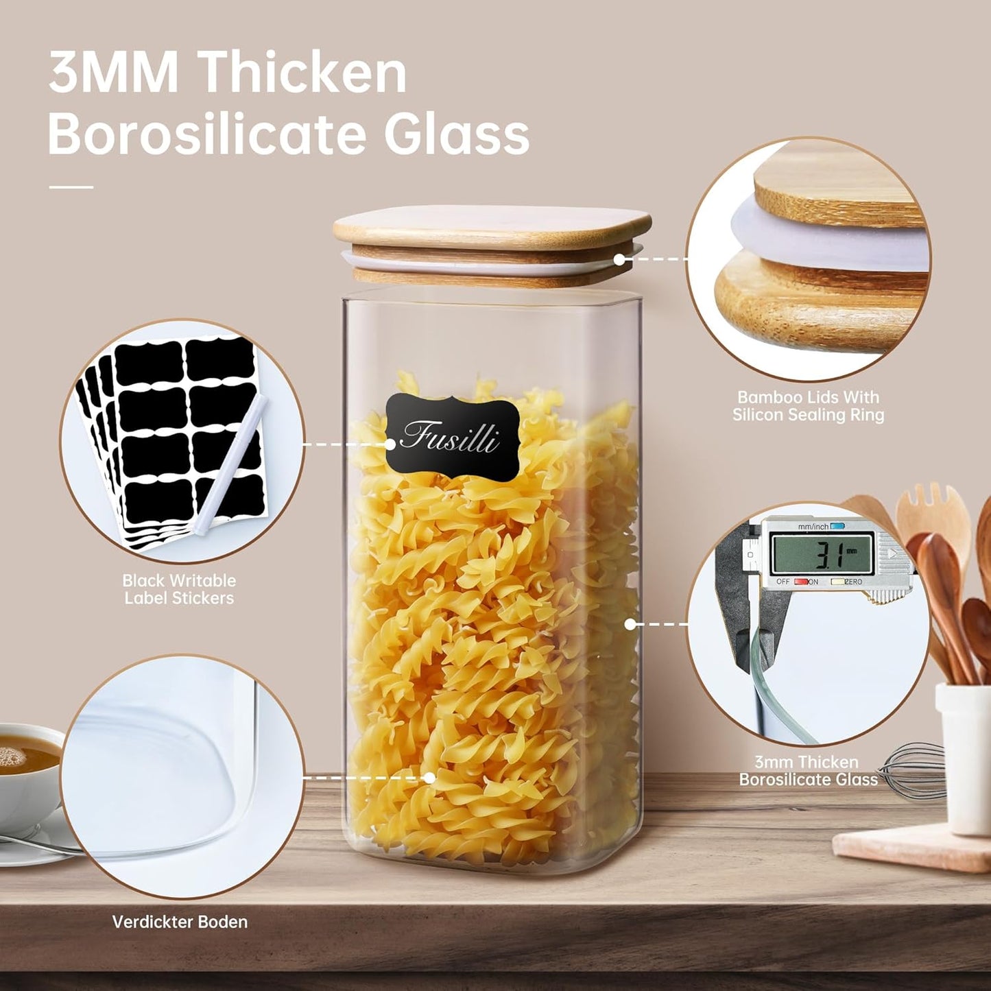 57oz - 3 Pack Square Glass Jars with Bamboo Lids, Glass Food Storage Containers with Airtight Lids for Kitchen, Air Tight Pantry Storage Containers for Cereal, Pasta, Rice, Sugar, Coffee, Spice