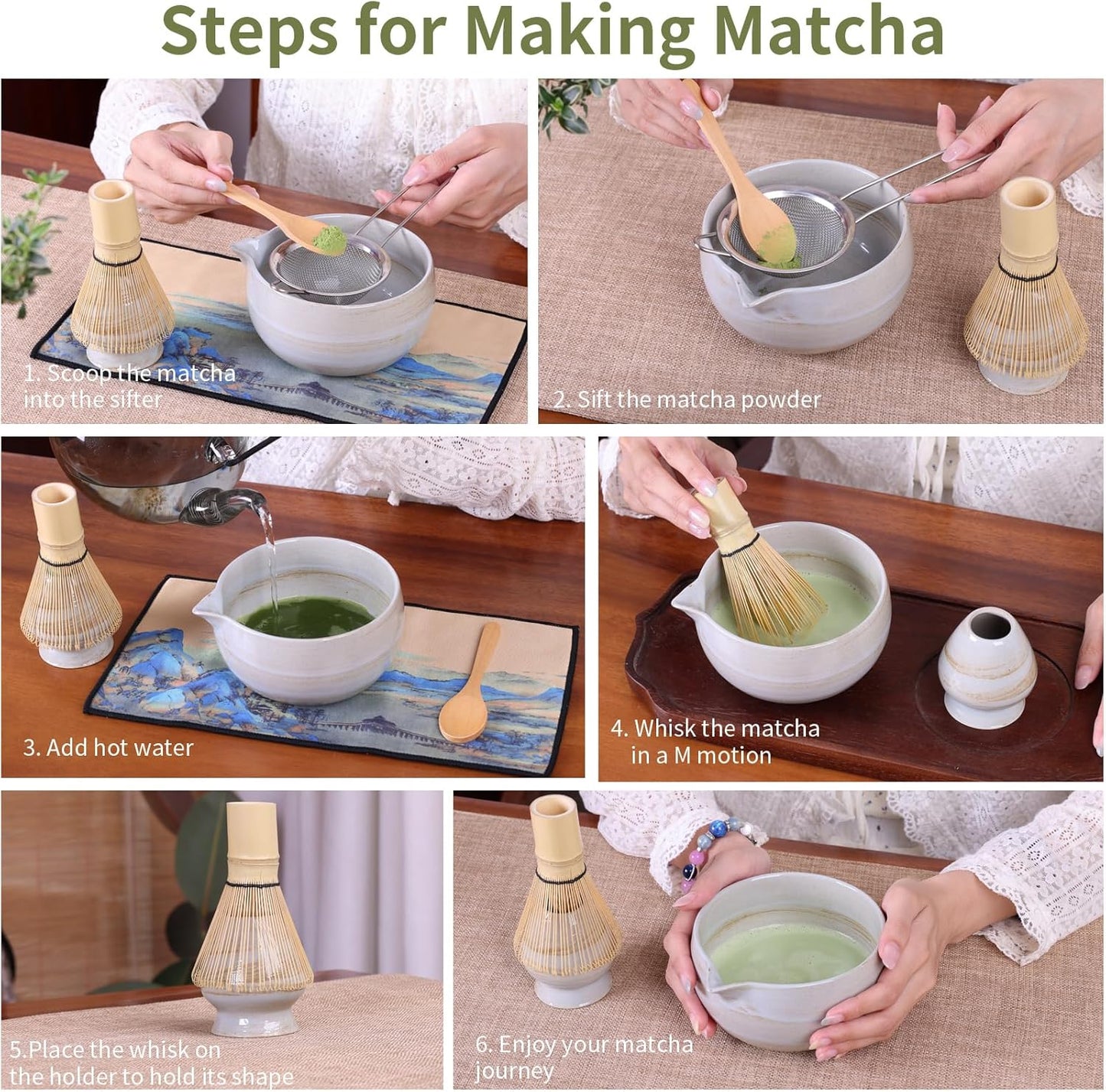 Japanese Matcha Whisk Set - 6-Piece Kit with Bamboo Chasen, Matcha Ceramic Bowl with Spout, Stainless Steel Sifter White