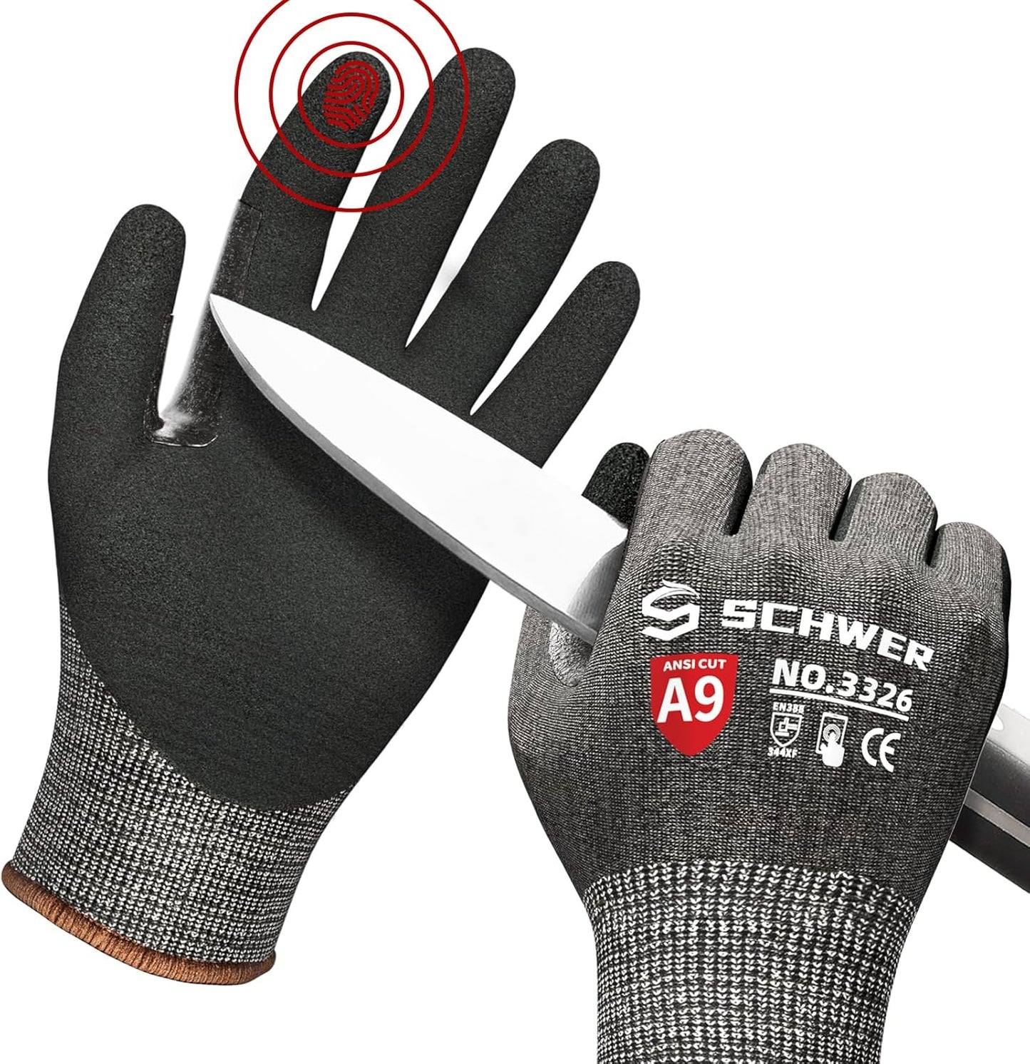 Schwer ProGuard Highest Level Cut Resistant Work Gloves PR3326 for Extreme Protection, ANSI A9 Cut Gloves with Reinforced Thumb, Non Slip, Cooling, Durable, Touch-screen, Non PFAS, Black 2 Pairs（S）