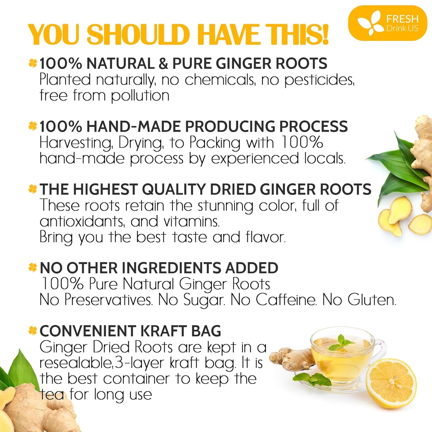 FreshDrinkUS, Premium 10oz Natural Ginger Roots, Cut and Sifted, 100% Natural & Pure from Ginger Roots, Ginger Tea, Ginger Loose Herbal Tea, No Additives, No Caffeine, Vegan