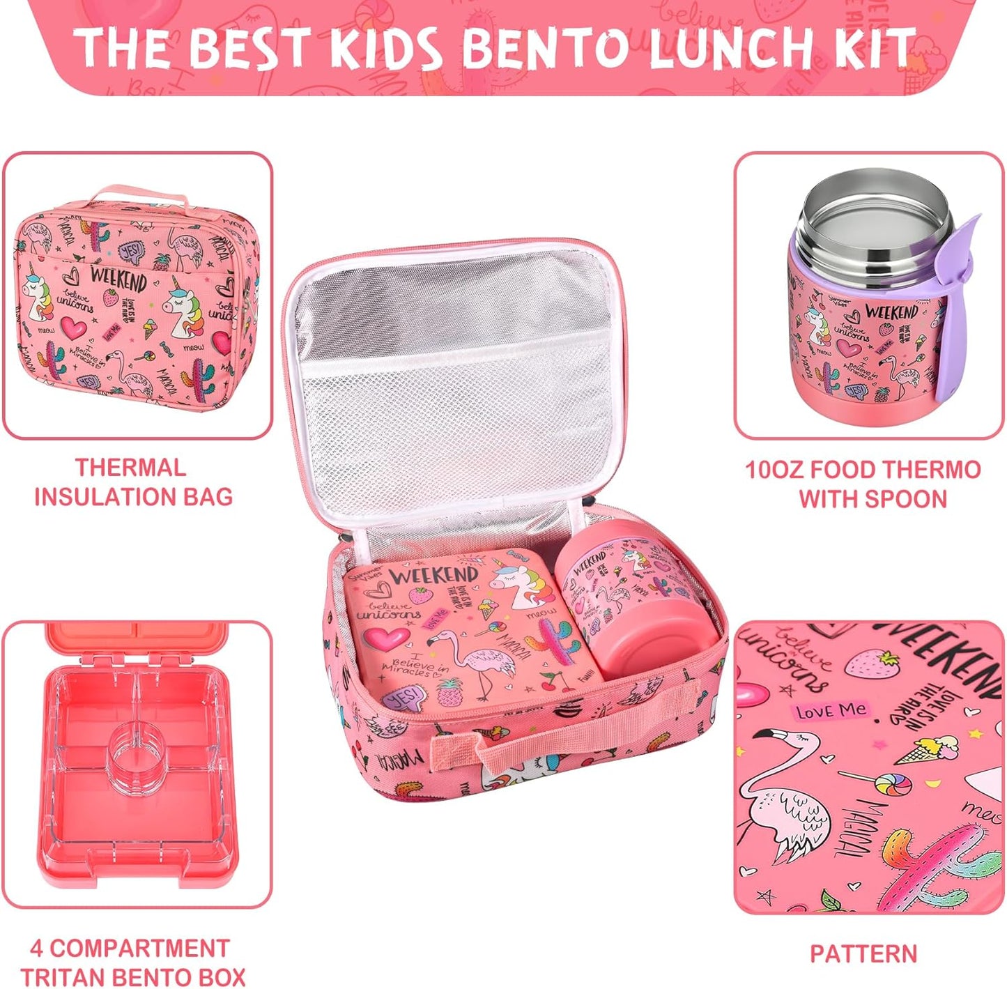 Bento Lunch Box Set With 10oz Soup Thermo, Leak-proof Lunch Containers with 4 Compartment, Kids Hot Thermo Food Jar/Insulation Lunch Bag, Food Containers for School（Flamingo）