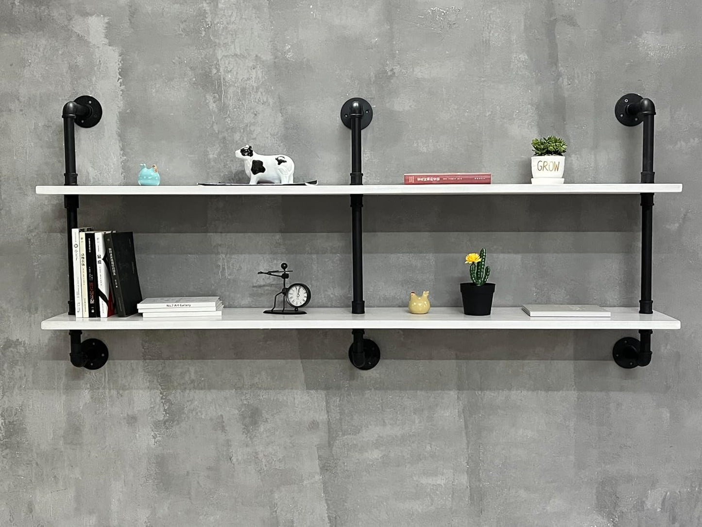 Industrial Pipe Shelving Rustic White Pipe Wall Shelves Industrial Shelves with Wood Planks Floating Shelves 60 Inch Farmhouse Bathroom,Kitchen Shelving Wall Mounted