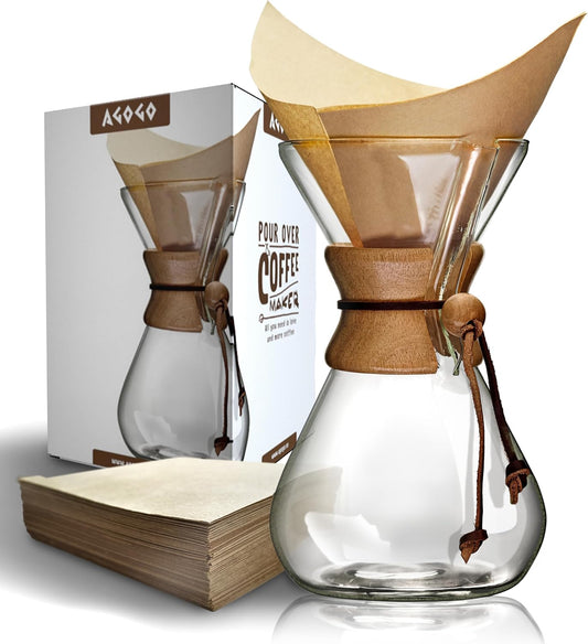 AGOGO Pour Over Coffee Maker Set Glass Coffee Maker with 50pcs Filter Paper -for Home, Office, Camping, Cafes - Easy Clean Coffee Dripper Set (Rag&Brush Included)(10 Cup/34oz)