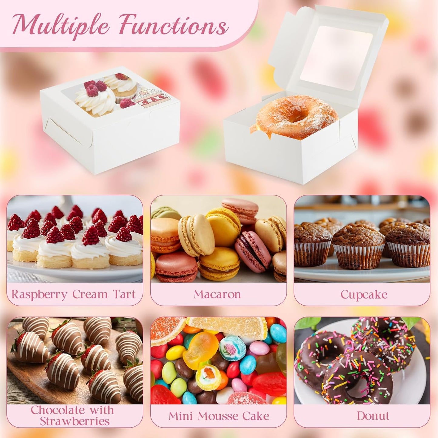 OAMCEG 80 Pack Cookie Boxes with Window 6x6x3 Inches White Cupcake Boxes, Bakery Treat Boxes with Stickers & Twine for Pastry, Desserts, Strawberries, Cupcakes, Gift Giving