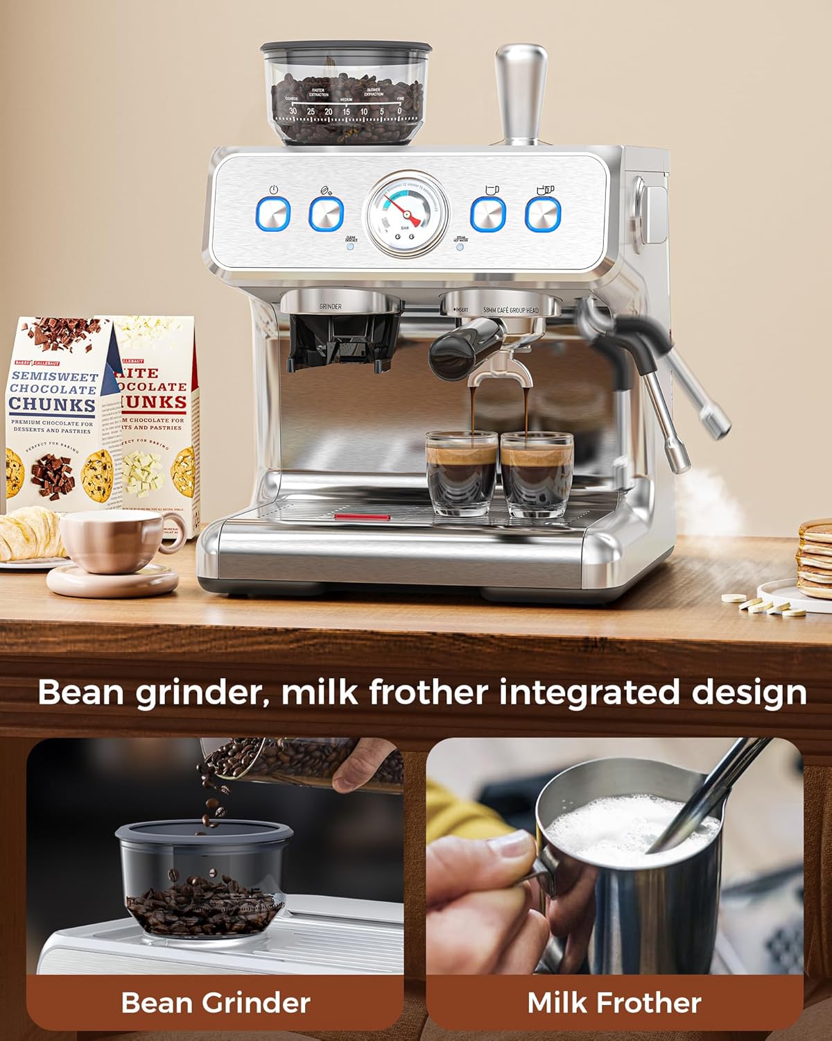 (2025 Upgrade)20 Bar Espresso Machine with Grinder & Milk Frother Steam Wand, Tamping Tools, Expresso Coffee Machines 58mm Commercial Espresso Maker for Home or Café, Perfect for latte, Cappuccino