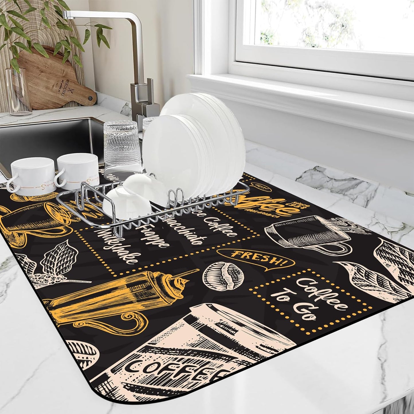 Vintage Coffee Poster Dish Drying Mat,,12"X19" Absorbent Fast Dish Drying Mat for Kitchen Counter Pot and Pan, Kitchen Accessories