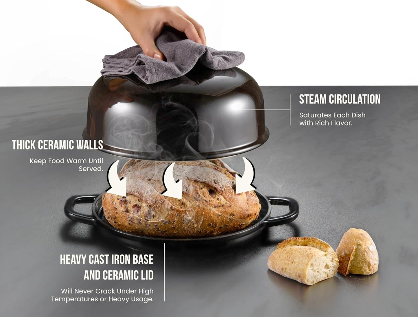 Kook Bread Oven, Sourdough Pan with Lid and Handles, Enameled Cast Iron Pan and Ceramic Lid, For Baking, Cooking, Roasting, Black