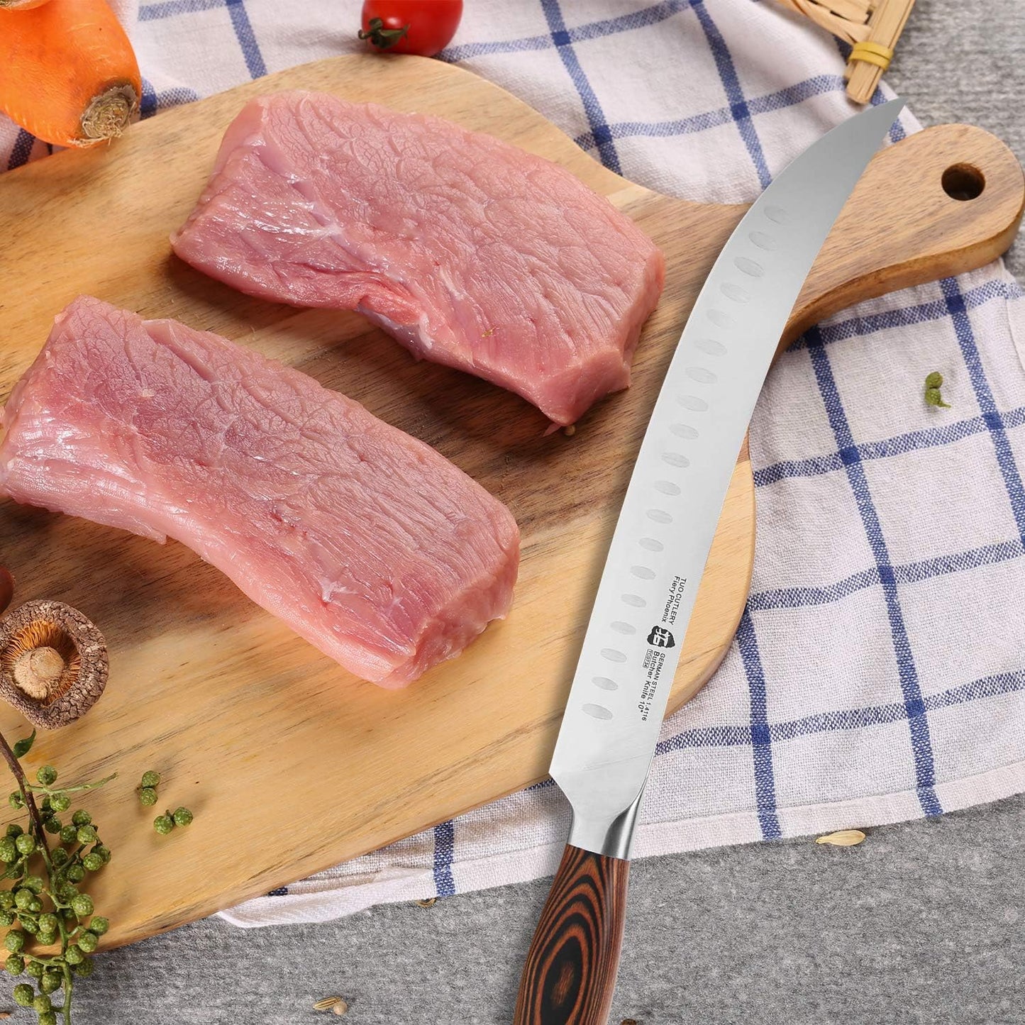 TUO Cimitar Butcher Knife - 10 inch Curved Breaking Knives for Slicing & Carving Pro Meat Chopping Cleaver - German HC Steel Full Tang Pakkawood handle - Fiery Series Gift Box Included