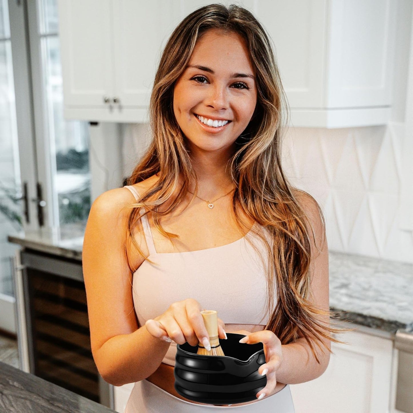 Marce Matcha Whisk Set- Matcha Set includes Matcha Whisk and Bowl (Bowl with Spout), Sifter, Holder and Scoop- The Perfect Bamboo Whisk for Matcha Tea (Black- 7PC)