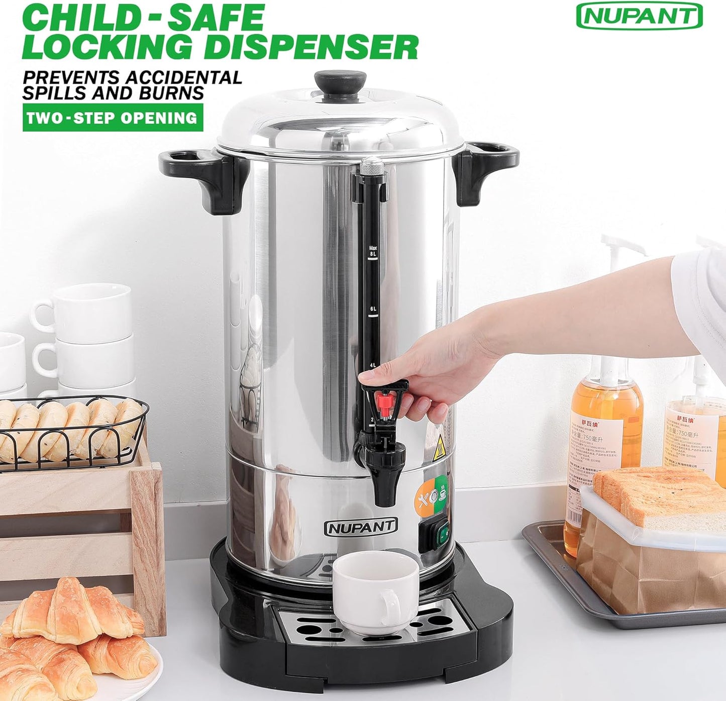 Commercial Coffee Urn 50 Cup/8L Coffee Dispenser with Upgraded Percolator, 304 Stainless Steel Hot Water Urn Beverage Dispenser with Keep Warm Mode, Large Coffee Maker for Catering Party