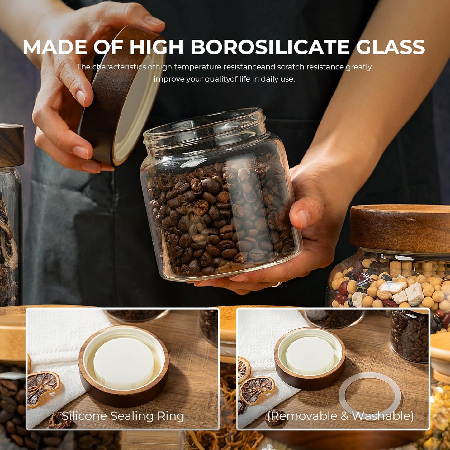 1PC Glass Storage Jars with Airtight Lids, 45 fl oz (1400ml) coffee container with Wooden Lid, Glass Pantry Canister for Beans, Rice, Sugar and etc