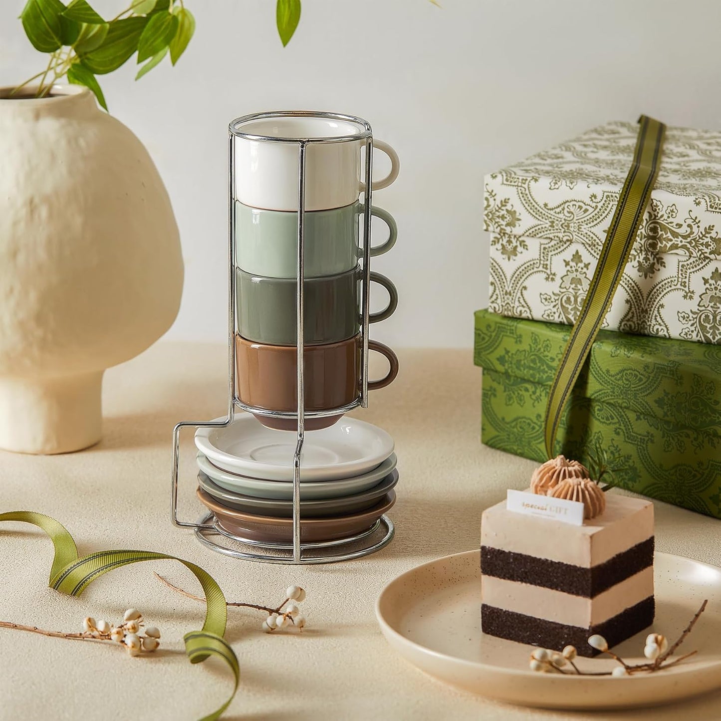 Sweese 2.5 Ounce Espresso Cups Set of 4, Porcelain Stackable Coffee Cups with Saucers and Metal Stand, Multicolor