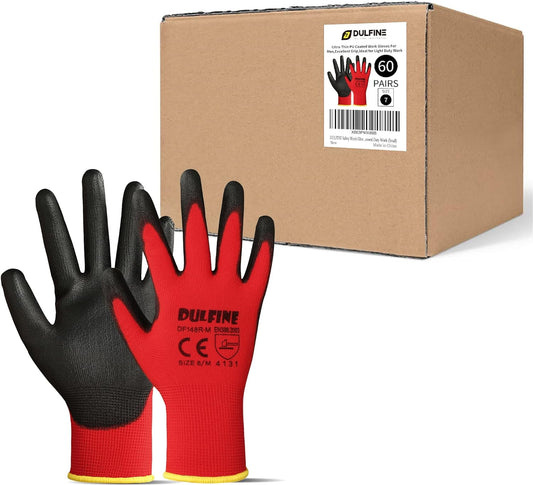 DULFINE Safety Work Gloves PU Coated-60 Pairs,Red Seamless Knit Glove with Polyurethane Coated Smooth Grip on Palm & Fingers, for Men and Women, Ideal for General Duty Work (XX-Large)