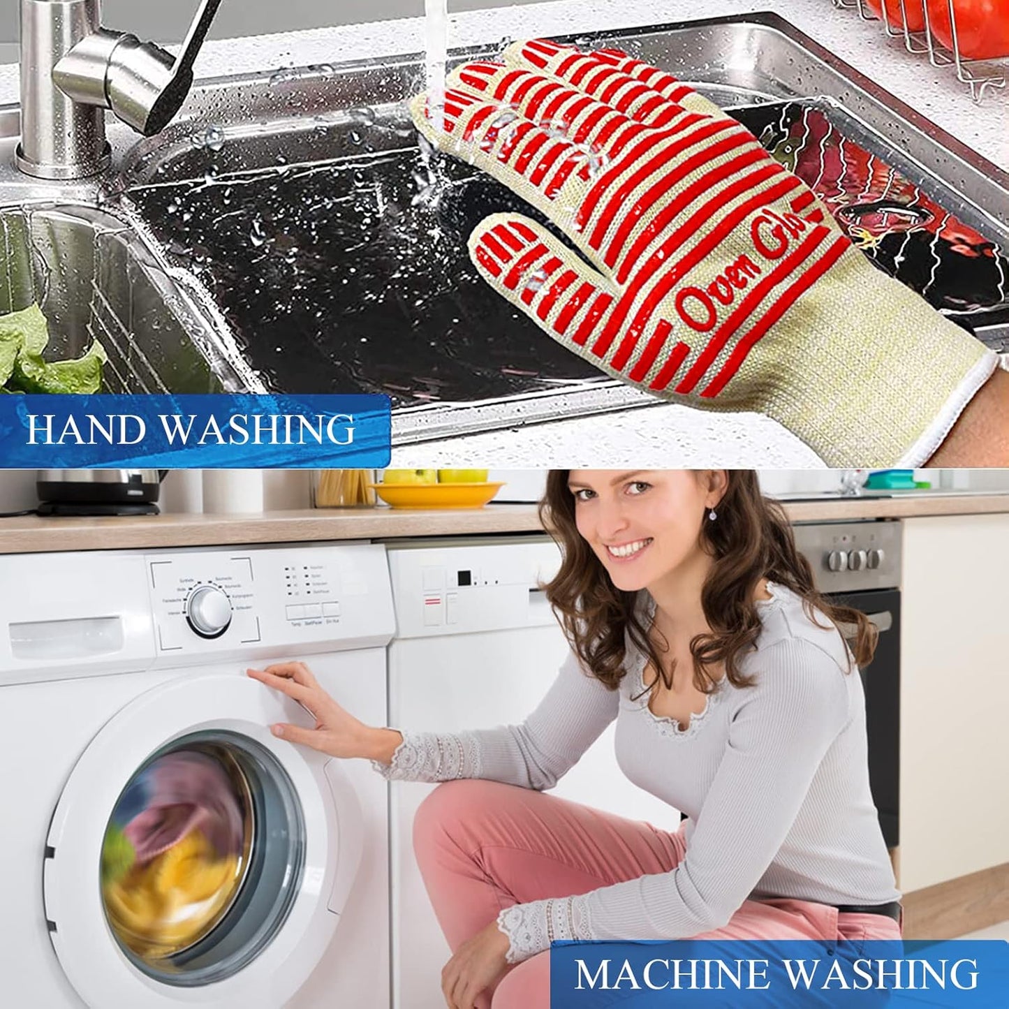 Oven Gloves, Heat Resistant 540 Degrees Grilling Gloves, Hot Surface Handler Non-Slip Silicone Oven Mitts with Fingers, BBQ Gloves for Cooking/Kitchen/Baking, Pack of 2