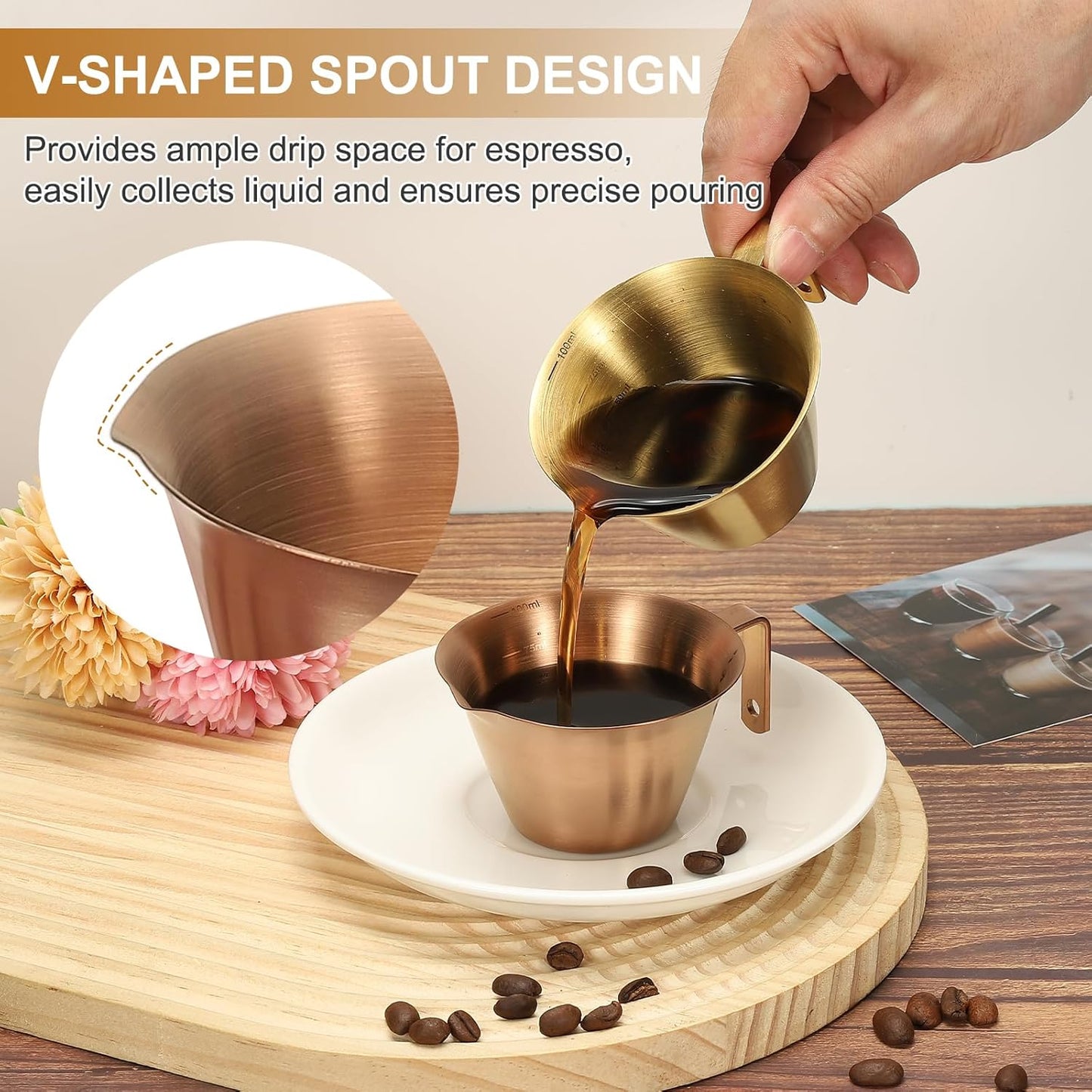 uxcell 1 Pcs Stainless Steel Espresso Cup with Handle, V-Shaped Mouth Espresso Measuring Cup with Scale for Preparing Coffee, Cocktails, 3.4OZ/100ML (Rose Gold)
