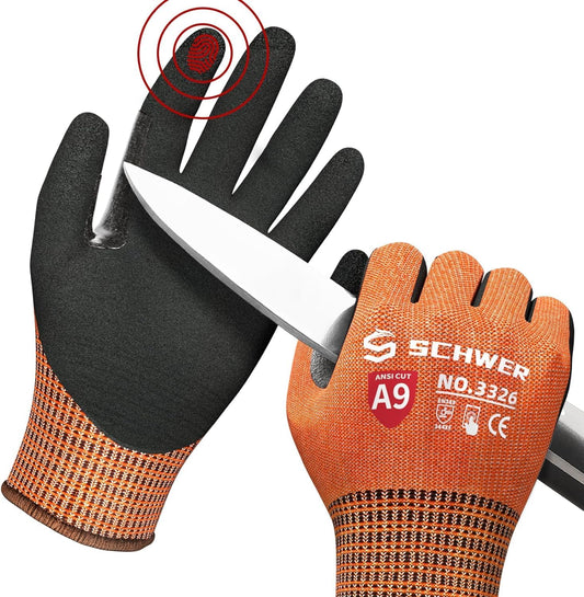 Schwer ProGuard Highest Level Cut Resistant Work Gloves PR3326 for Extreme Protection，ANSI A9 Cut Gloves with Reinforced Thumb, Non Slip, Non PFAS, Durable, Touch-screen, Orange 2 Pairs（L）