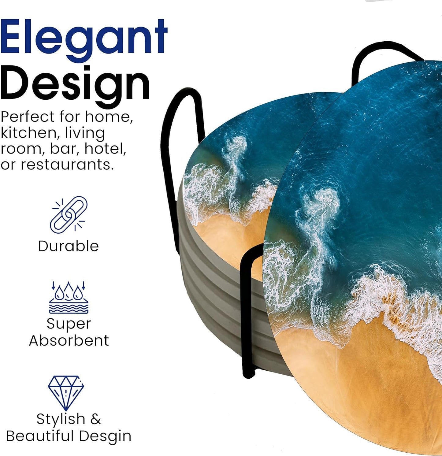 Ocean Coastal Theme Round Coasters Set of 6 - Abosrbent Ceramic Coasters with Metal Stand for Drinks, Beer, Coffee, Non-Slip Cork Back for Tabletop Protection, 4 Inches (Waves)