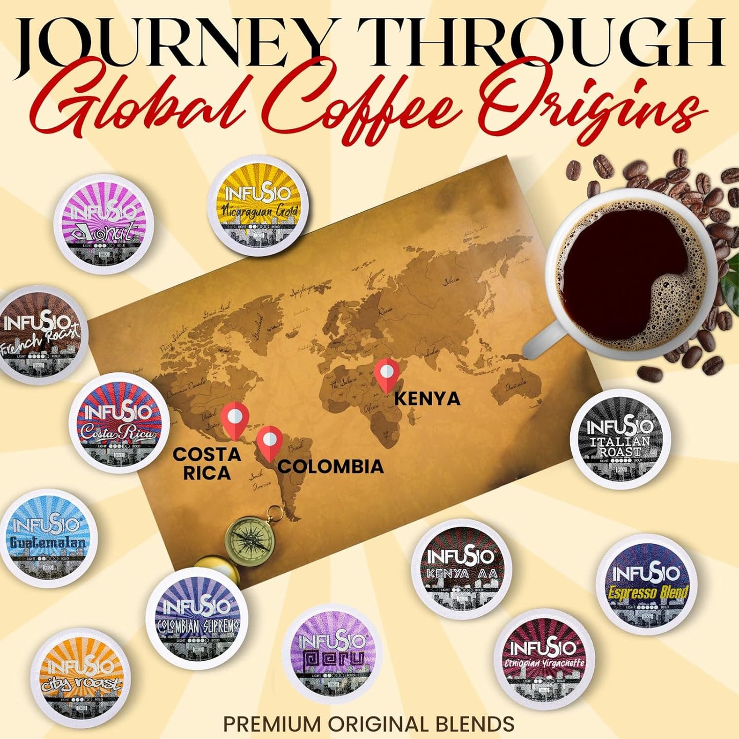 InfuSio Coffee Pods 96 Count Costa Rica Medium Roast Single serve Coffee pods for Keurig K Cups Brewers - InfuSio Premium Roasted Keurig 2.0 Compatible