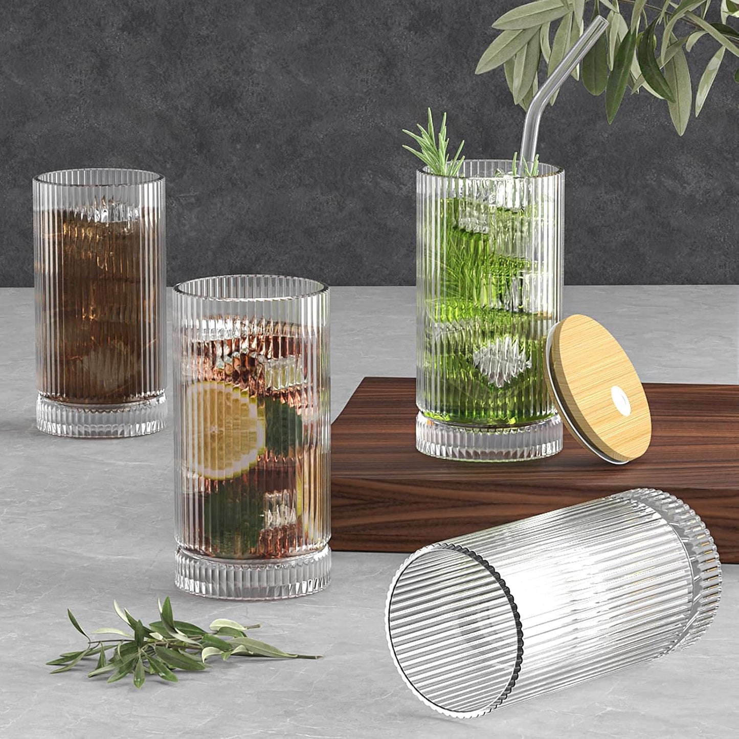 15 Oz Glass Cups with Lid and Straw, Iced Coffee Cups with Lid, Vintage Glassware for Whiskey Cocktail Beer (2 PACK)