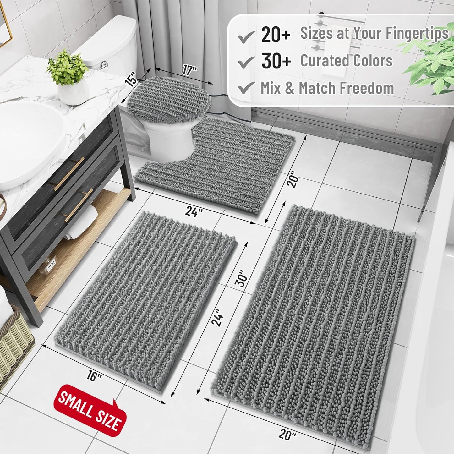 Arotive Luxury Chenille Bathroom Rug Mat, Extra Soft Thick Absorbent Shaggy Bath Rugs, Non-Slip Machine Wash Dry, Plush Bath Mats for Bathroom, Shower and Tub, 44x32, Grey