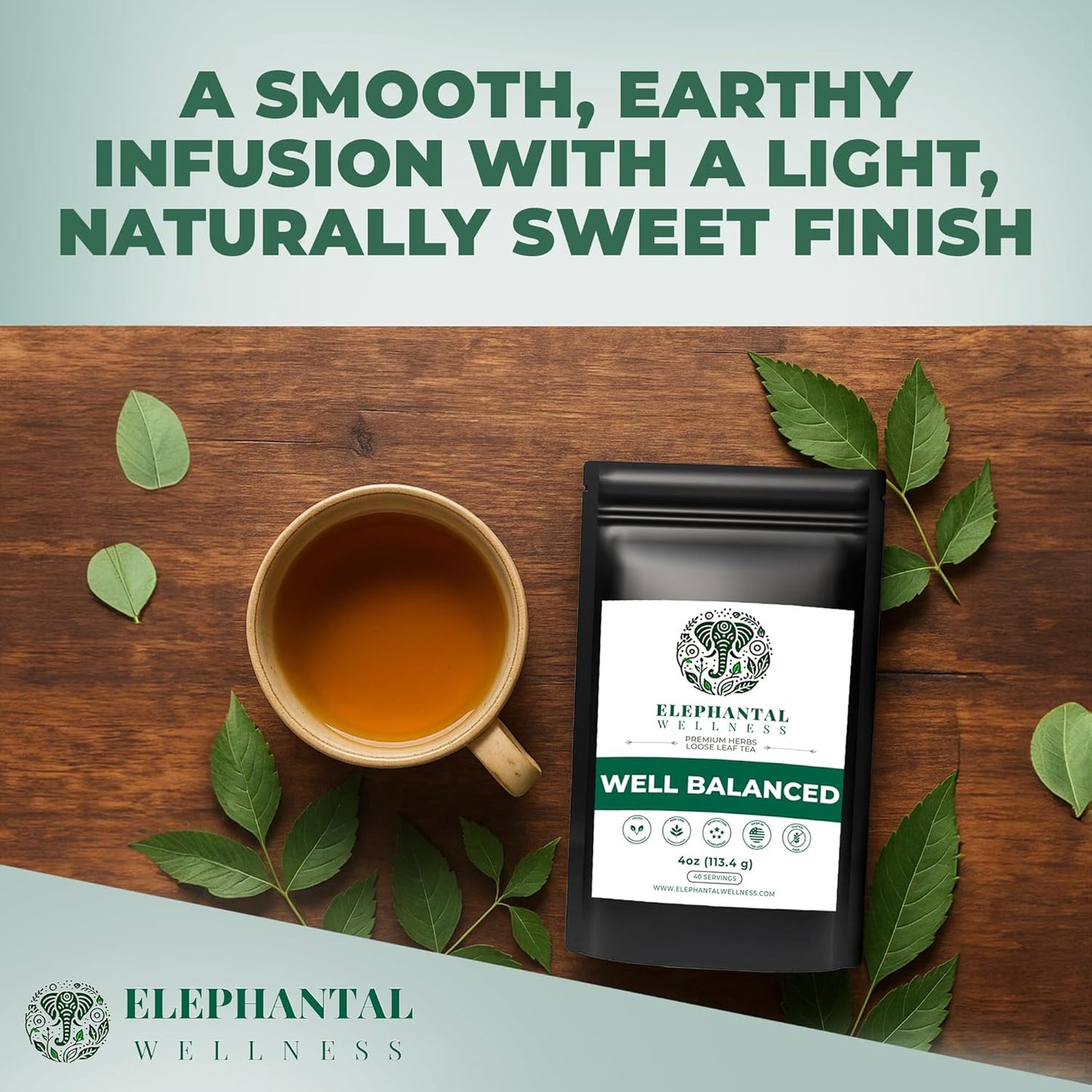 Elephantal Wellness Premium Well Balanced Herbal Tea | Healthy Cortisol, Adaptogenic Stress Energy Support with Ashwagandha, Goji, Reishi, Holy Basil & Lion’s Mane, Caffeine-Free, Non-GMO, 4 oz