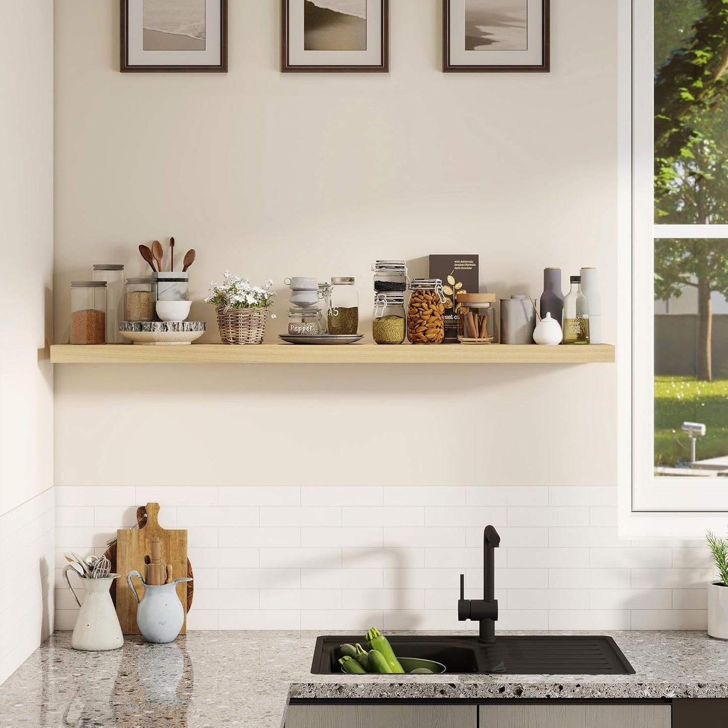 Fun Memories Rustic Real Wood Floating Shelves, 8 Inch Deep Floating Shelf Wall Mounted, 48" W x 8" D Wall Shelves Storage Shelves for Living Room, Bedroom, Bathroom, Burlywood, Set of 1